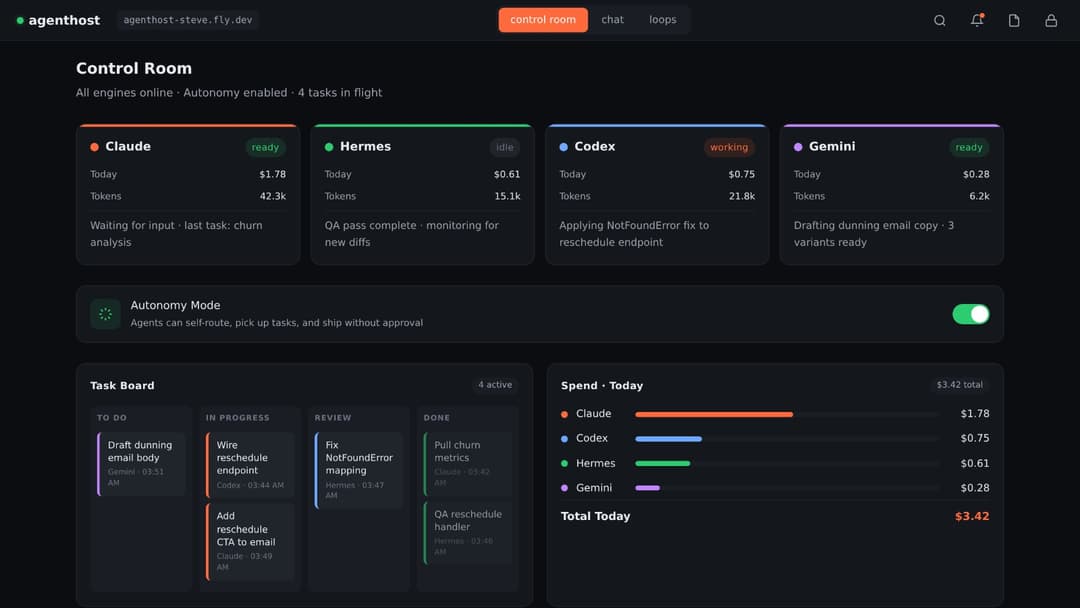 AgentHost command center showing coordinated agent execution