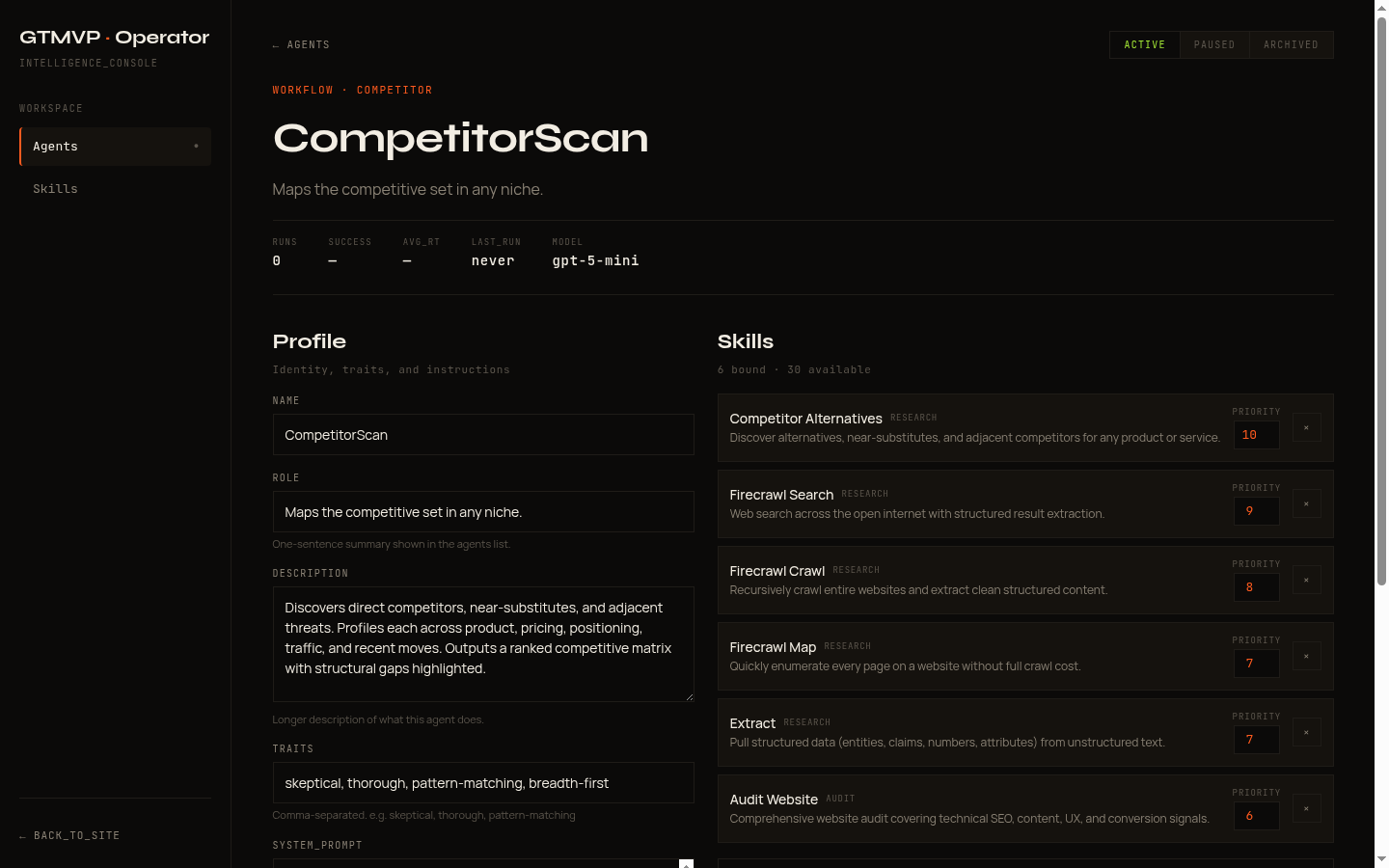 Agent Detail - Configure agent profile and system prompt