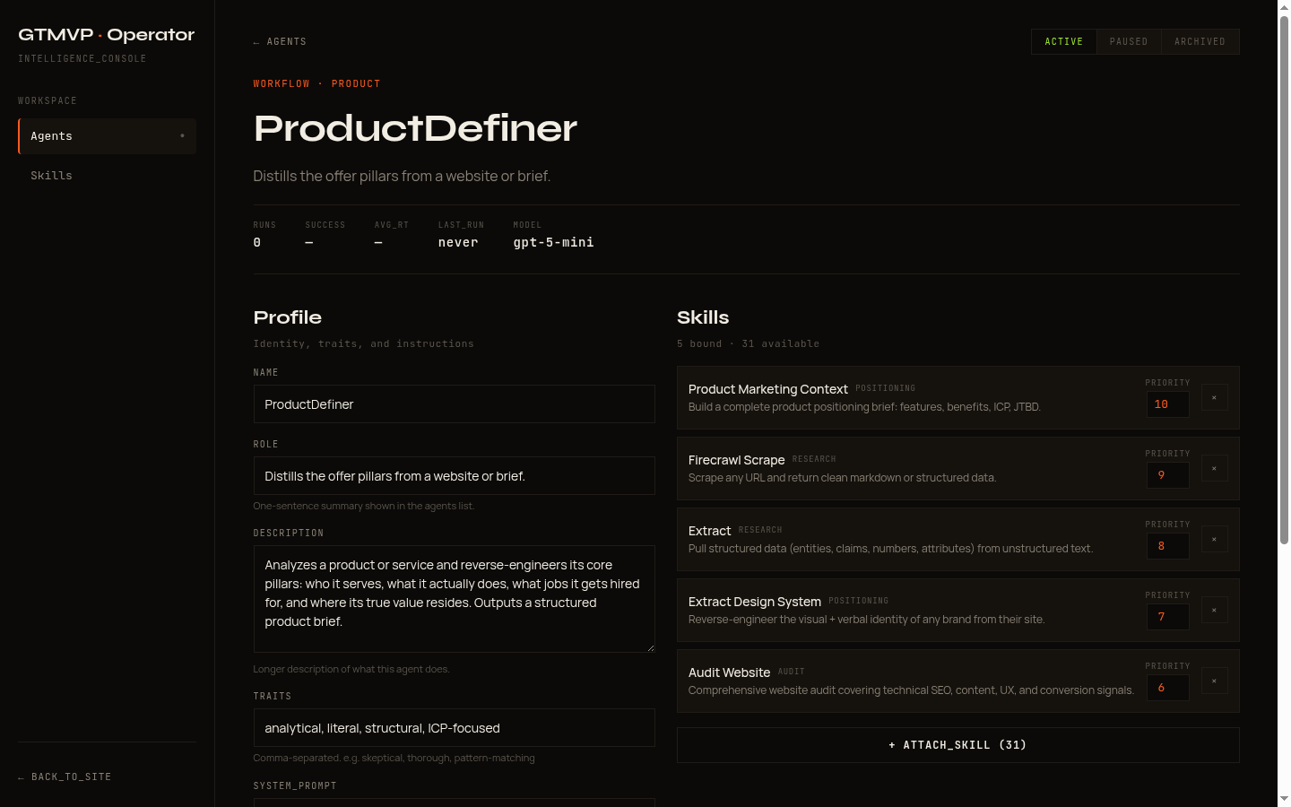 Product Agent - ProductDefiner configuration